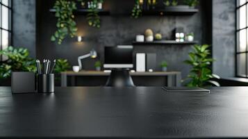 AI generated A sleek blank black tabletop with blurred office devices and computer accessories in the background great for showcasing tech gadgets photo