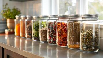 AI generated Jars filled with exotic spices on a kitchen shelf photo