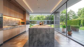 AI generated Bulk head inside a modern kitchen with stone bench interior design photo