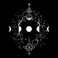 T-shirt design for moon phases on a black background and abstract figures. vector