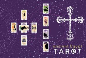 Ancient Egyptian Tarot. Layout of various tarot cards in a card spread example on blue and starry background. Esotericism and divination. vector