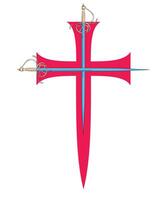 Vector illustration of two swords clashing over a red cross. Ideal design for chivalry and adventure comics.