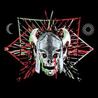 T-shirt design of a skull with a helmet with horns and the symbols of the sun and the moon on a black background. Demonic image. vector