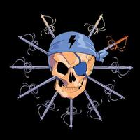 T-shirt design with a pirate skull with a thunder symbol and a set of Renaissance swords in a circular design on a black background. vector