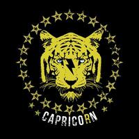 Capricornio. camiseta diseño de un Tigre cabeza rodeado por un circulo de estrellas en un negro antecedentes y el símbolo de trueno. vector