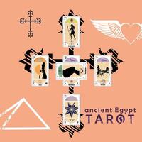 Ancient Egyptian Tarot. Design of several tarot cards next to two crossed ancient swords on a pink background. vector