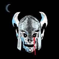 Skull t-shirt design with helmet and horns and a small moon on a black background. vector