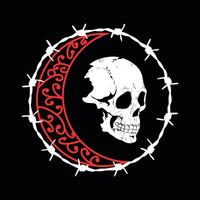 T-shirt design of a skull surrounded by barbed wire and a red crescent on a black background. vector