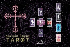 Ancient Egyptian Tarot. Layout of various tarot cards in a card spread example on blue and starry background. Esotericism and divination. vector