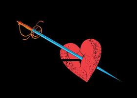 T-shirt design of a red heart pierced by a Renaissance sword. Illustration for Valentine's Day. vector