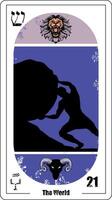 Egyptian tarot card number twenty-one, called The World. Silhouette of Sisyphus, and the heads of a lion and a goat. Neptune in Aquarius. vector