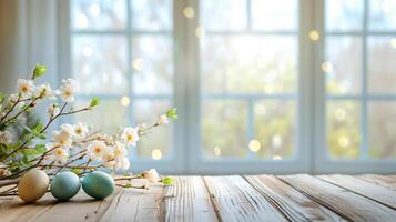 AI generated Abstract wooden tabletop with easter eggs and flower, copy space over blurred window interior background, display for product montage photo