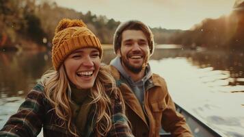 ai generado un joven Pareja riendo y disfrutando un barco paseo en un tranquilo lago rodeado por primavera paisaje foto