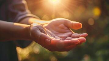 ai generado humano manos abierto palma arriba Adoración eucaristía terapia bendecir Dios Ayudar arrepentirse católico Pascua de Resurrección prestado mente orar cristiano concepto antecedentes foto