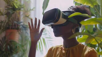 AI generated African american young woman wearing using virtual reality metaverse VR glasses headset at home Girl touching air during VR experience photo