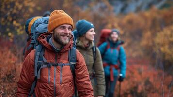 AI generated A group of friends hiking together in the mountains photo