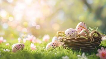 AI generated Easter basket filled with colorful eggs and flowers on the green grass with spring garden background, happy easter photo