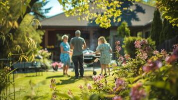 ai generado un familia teniendo un parilla en su patio interior rodeado por floreciente flores y verdor foto