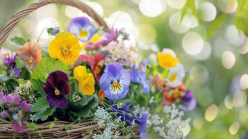 ai generado un cerca arriba Disparo de vistoso primavera flores arreglado en un cesta simbolizando el belleza de el temporada foto