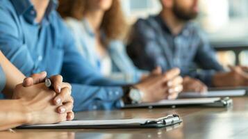 AI generated Close up group of professionals sitting around a conference table discussing their long term vision and setting SMART goals photo