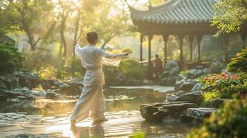 ai generado un persona practicando Tai chi en un tranquilo jardín foto