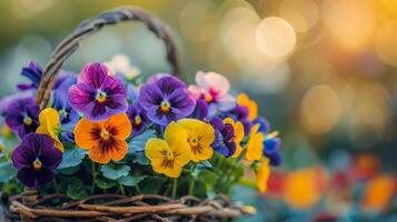 ai generado un cerca arriba Disparo de vistoso primavera flores arreglado en un cesta simbolizando el belleza de el temporada foto