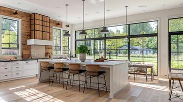 AI generated interior bright spacious and modern farmhouse style kitchen design photo