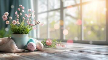 AI generated Abstract wooden tabletop with easter eggs and flower, copy space over blurred window interior background, display for product montage photo