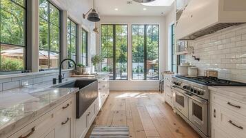 AI generated interior bright spacious and modern farmhouse style kitchen design photo