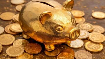 AI generated golden piggy bank with gold coins photo