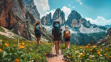 ai generado un grupo de amigos excursionismo juntos en el montañas foto