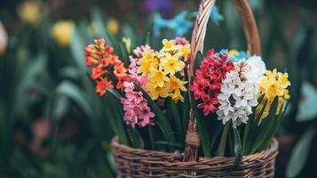 ai generado un cerca arriba Disparo de vistoso primavera flores arreglado en un cesta simbolizando el belleza de el temporada foto