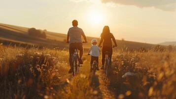 ai generado un contento familia disfrutando un bicicleta paseo juntos en el campo foto