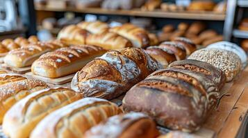 ai generado vistoso surtido de artesanal un pan panes a un panadería foto