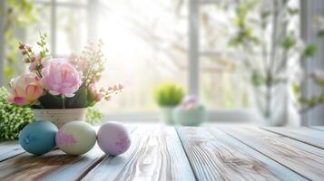 AI generated Abstract wooden tabletop with easter eggs and flower, copy space over blurred window interior background, display for product montage photo