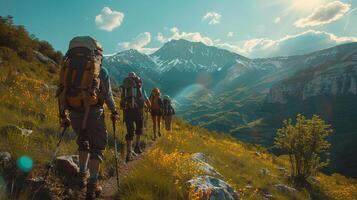 ai generado un grupo de amigos excursionismo juntos en el montañas foto