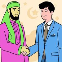 two muslim men are shaking hands and forgiving each other. Islamic Family eid mubarak concept vector
