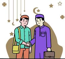 dos musulmán hombres son sacudida manos y indulgente cada otro. islámico familia eid Mubarak concepto vector