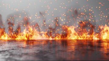 ai generado blanco metal mesa con fuego ardiente a el borde de el mesa fuego partículas chispas y fumar en el aire con fuego llamas en un blanco antecedentes a monitor productos foto