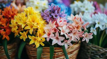 ai generado un cerca arriba Disparo de vistoso primavera flores arreglado en un cesta simbolizando el belleza de el temporada foto