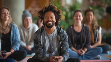 ai generado un grupo de compañeros de trabajo participativo en un estrés alivio taller foto