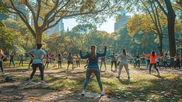 ai generado un aptitud instructor líder un grupo ejercicio clase en un parque foto