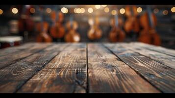 AI generated A blank wooden tabletop with blurred musical instruments and sheet music in the background ideal for promoting music related products photo