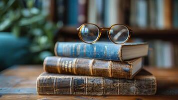 ai generado un Clásico blanco de madera mesa con borroso libros y leyendo lentes en el antecedentes genial para exhibiendo literatura o educativo productos foto