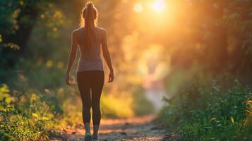 ai generado un mujer practicando atención plena mientras caminando mediante un bosque foto