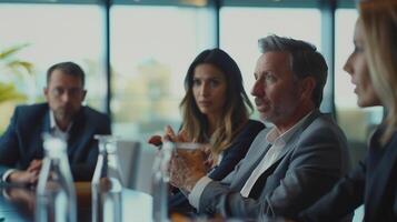 AI generated Close up group of professionals sitting around a conference table discussing their long term vision and setting SMART goals photo