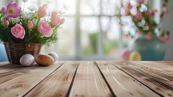 AI generated Abstract wooden tabletop with easter eggs and flower, copy space over blurred window interior background, display for product montage photo