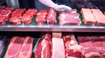 AI Generated  Various cuts of fresh meat displayed in a butcher's case, with a gloved hand selecting a piece. photo