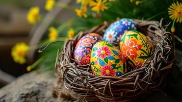 ai generado vibrantemente pintado Pascua de Resurrección huevos anidado en un rústico cesta. foto