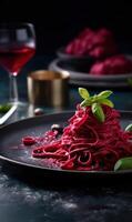 AI Generated  A plate of beetroot-infused pasta topped with fresh basil, served with red wine, creating a gourmet dining experience. photo